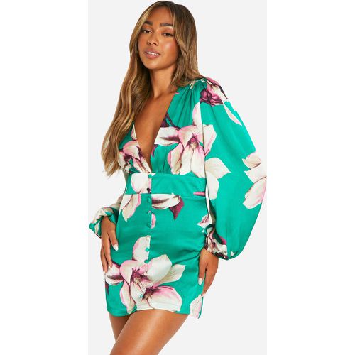 Robe Droite Fleurie À Manches Bouffantes - 38 - boohoo - Modalova