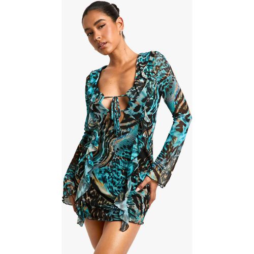 Robe Courte À Volants Et Imprimé Animal - 38 - boohoo - Modalova