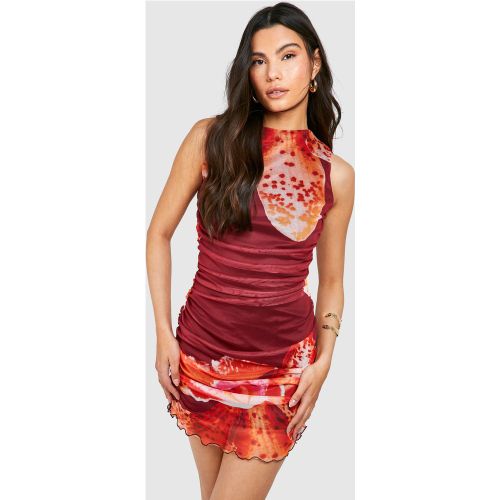 Robe Courte Froncée En Mesh À Imprimé Tropical - 40 - boohoo - Modalova