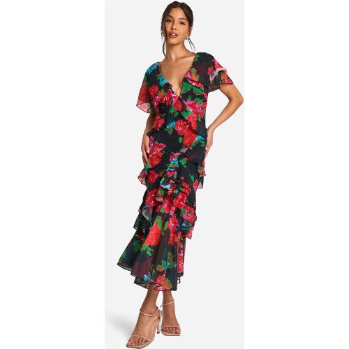 Robe Longue Fleurie À Volants - 38 - boohoo - Modalova