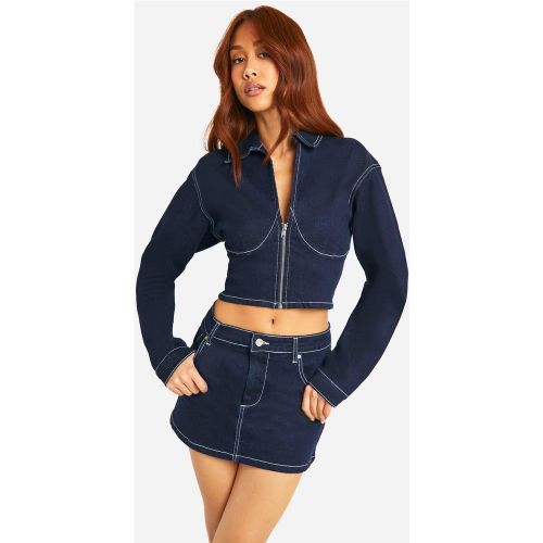 Mini-Jupe En Jean À Bords Bruts Et Coutures Contrastantes - 34 - boohoo - Modalova