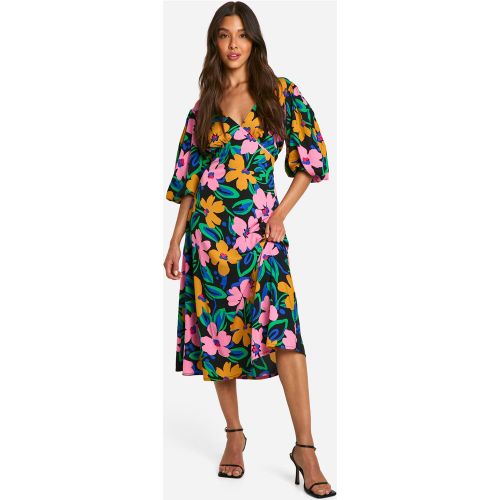 Robe Mi-Longue Fleurie À Manches Bouffantes - 36 - boohoo - Modalova