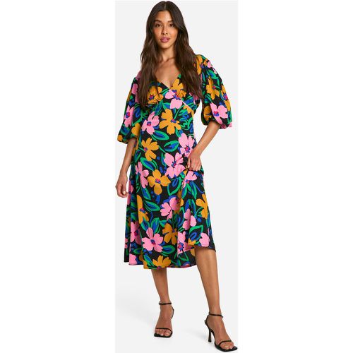 Robe Mi-Longue Fleurie À Manches Bouffantes - 40 - boohoo - Modalova