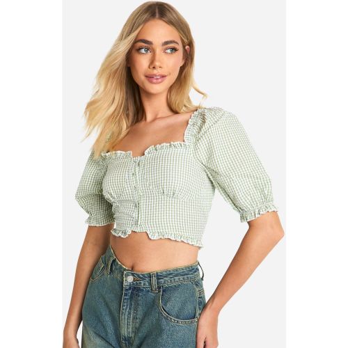 Crop Top À Manches Bouffantes Et Imprimé Vichy - L - boohoo - Modalova