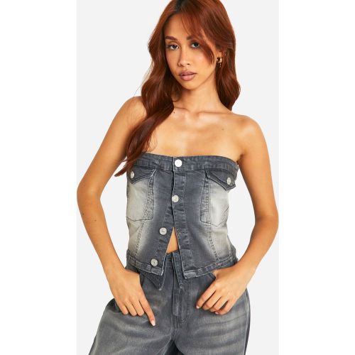 Top Bandeau En Jean Stretch Délavé À Bouton Contrastant - 34 - boohoo - Modalova