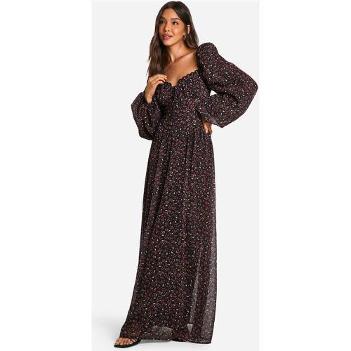 Robe Longue En Mousseline De Soie À Manches Bouffantes Et Imprimé Cerise - 38 - boohoo - Modalova