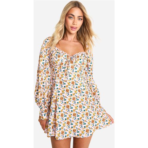 Robe Patineuse Fleurie À Manches Bouffantes - 38 - boohoo - Modalova