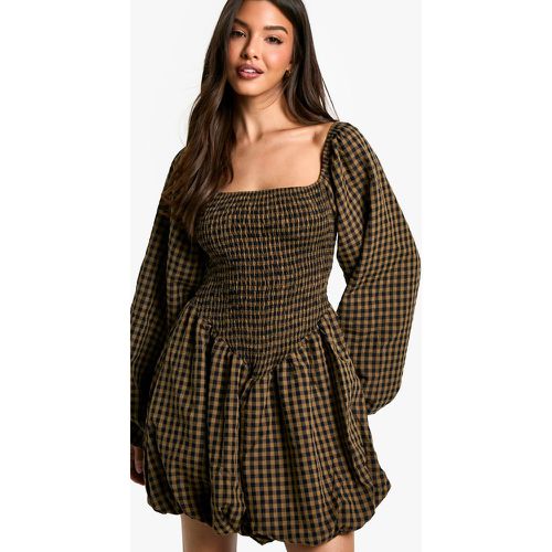 Robe Courte Froncée À Manches Bouffantes Et Carreaux - 38 - boohoo - Modalova