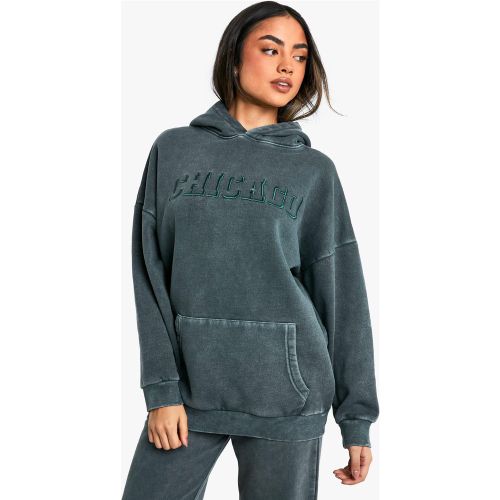 Sweat À Capuche Oversize Délavé À Slogan Brodé Chicago - L - boohoo - Modalova