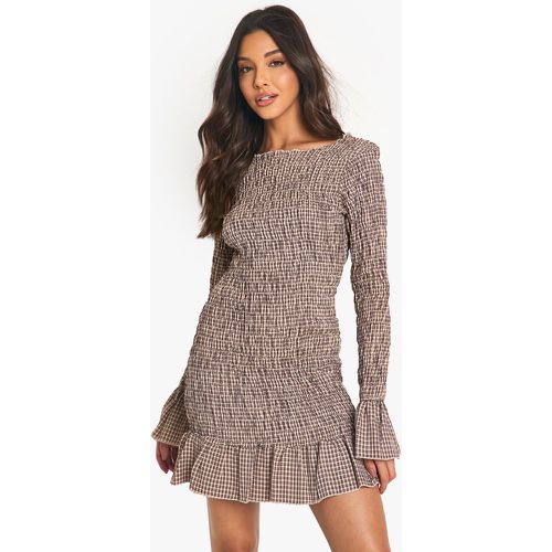 Robe Courte Froncée À Carreaux Et Manches Longues - 40 - boohoo - Modalova