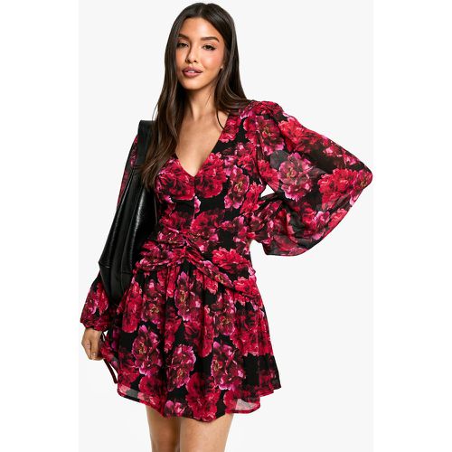 Robe Patineuse Fleurie Froncée En Mousseline De Soie - 36 - boohoo - Modalova