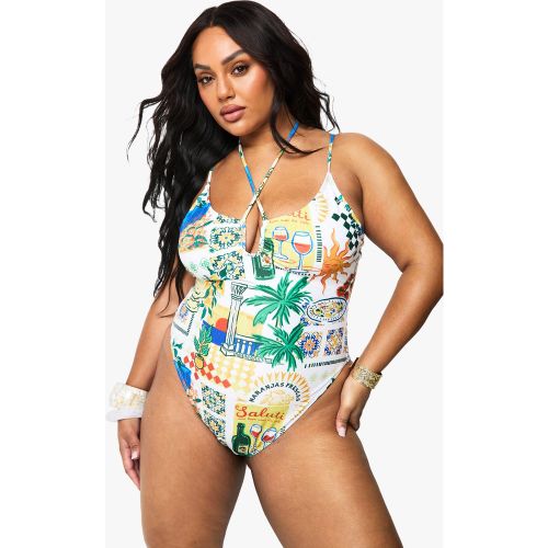 Grande Taille - Maillot De Bain À Attaches Et Imprimé Carte Postale - 44 - boohoo - Modalova