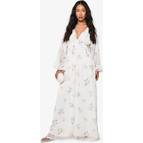 Robe Longue Fleurie En Mousseline De Soie À Manches Froncées - 38 - boohoo - Modalova
