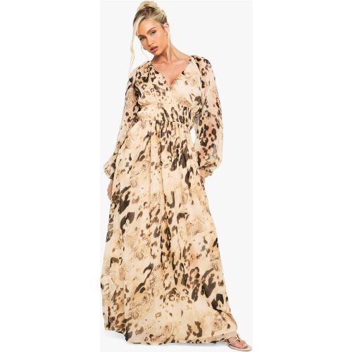 Robe Longue Froncée À Manches Volumineuses Et Imprimé Animal - 36 - boohoo - Modalova