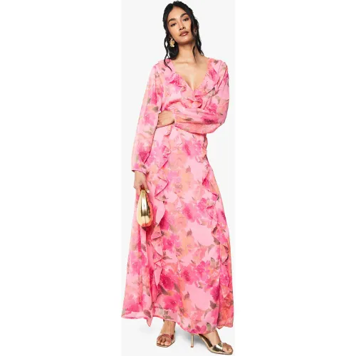 Robe Longue Fleurie À Manches Larges - 38 - boohoo - Modalova