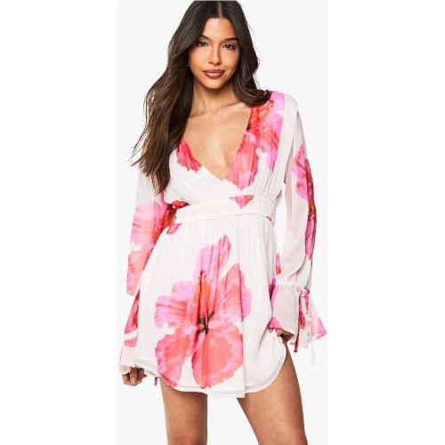 Robe Courte Froncée Fleurie En Mousseline De Soie - 36 - boohoo - Modalova