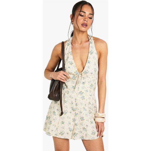 Combishort Fleuri À Dos Nu - Blanc Écru - 36, Blanc Écru - boohoo - Modalova