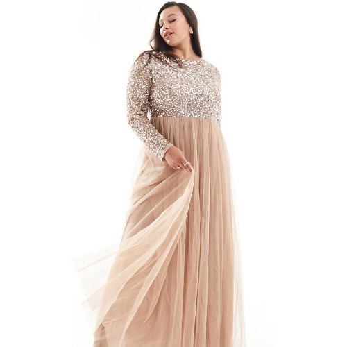 Demoiselle d'honneur - Robe longue en tulle à manches longues avec sequins délicats ton sur ton - Blush pâle - Maya Plus - Modalova