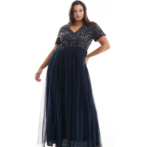 Robe longue en tulle pour demoiselle d'honneur avec sequins délicats ton sur ton et manches courtes - Bleu taupe - Maya Plus - Modalova