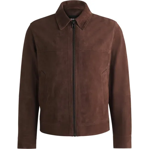 Veste Regular zippée sur le devant en cuir suédé doux - Boss - Modalova