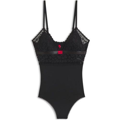 Body en dentelle et en résille avec étiquette logo rouge - HUGO - Modalova