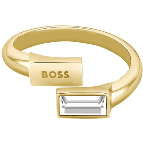 Bague dorée avec cristal baguette et logo - Boss - Modalova