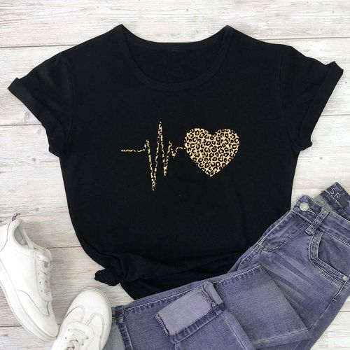 T-shirt avec imprimé cœur et léopard - SHEIN - Modalova