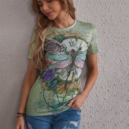 T-shirt à imprimé floral et libellule - SHEIN - Modalova
