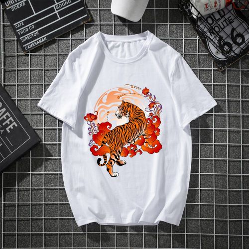 T-shirt à imprimé tigre et floral - SHEIN - Modalova