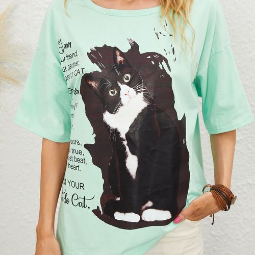 T-shirt à motif chat et lettre manches courtes - SHEIN - Modalova