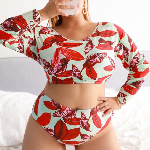 Bikini à imprimé végétale taille haute avec manches courtes - SHEIN - Modalova