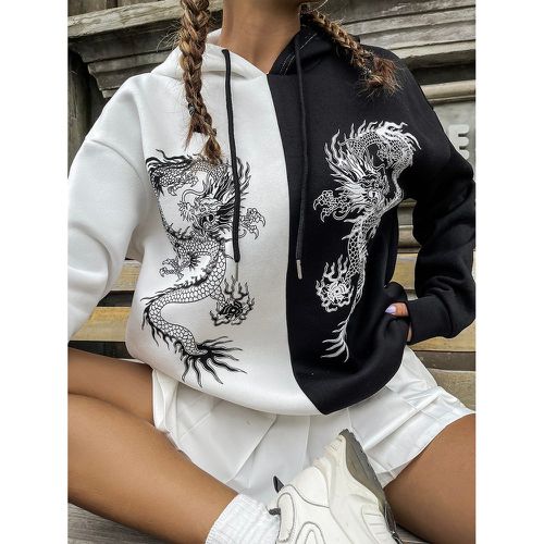 Sweat-shirt à capuche à imprimé dragon chinois bicolore à cordon - SHEIN - Modalova
