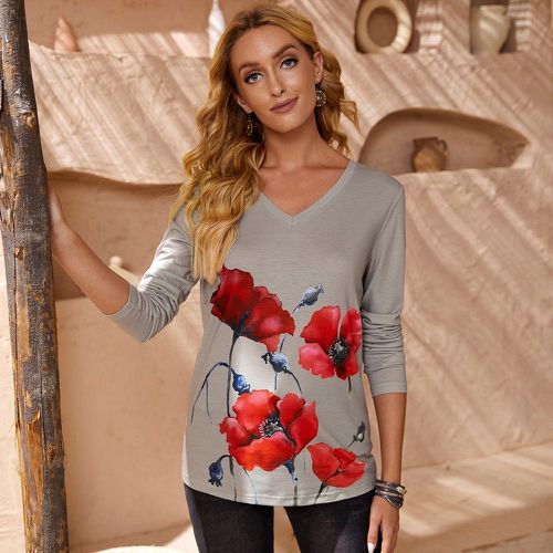 T-shirt encolure V à imprimé floral - SHEIN - Modalova