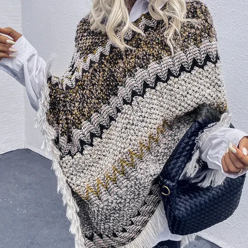 Poncho en tricot à rayures à franges - SHEIN - Modalova