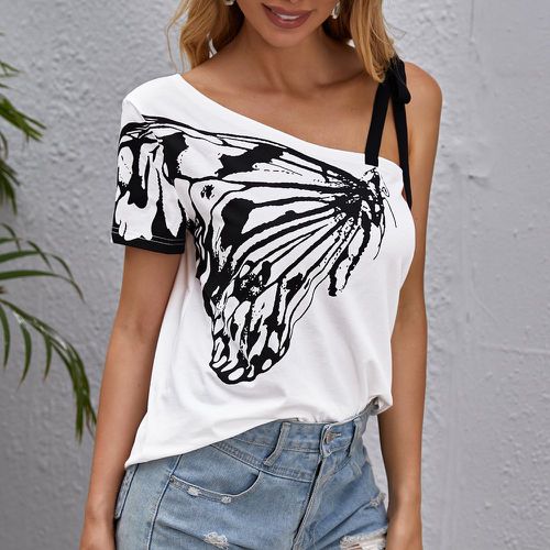 T-shirt à épaule nouée à imprimé papillon - SHEIN - Modalova