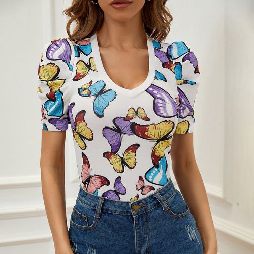 T-shirt skinny à imprimé papillon manches bouffantes - SHEIN - Modalova