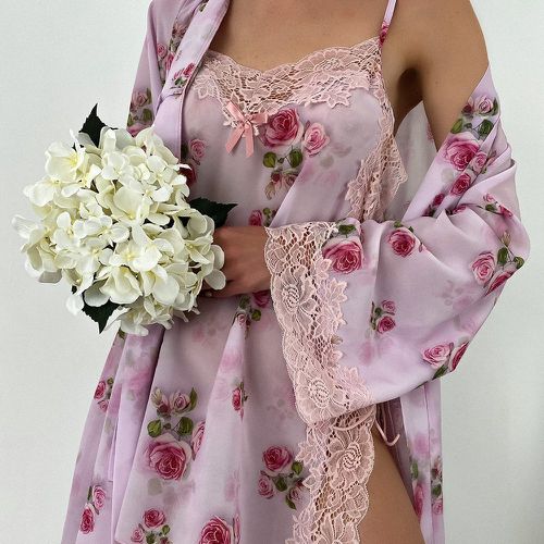 Robe de nuit fleuri en dentelle avec peignoir ceinturé - SHEIN - Modalova