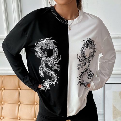 T-shirt bicolore avec imprimé dragon chinois - SHEIN - Modalova