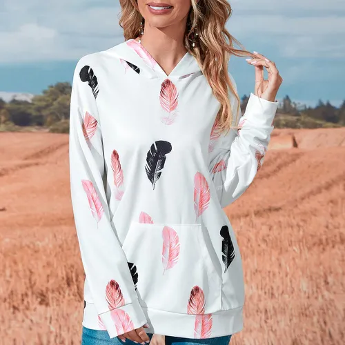 Sweat-shirt à capuche à imprimé plume à poche kangourou - SHEIN - Modalova