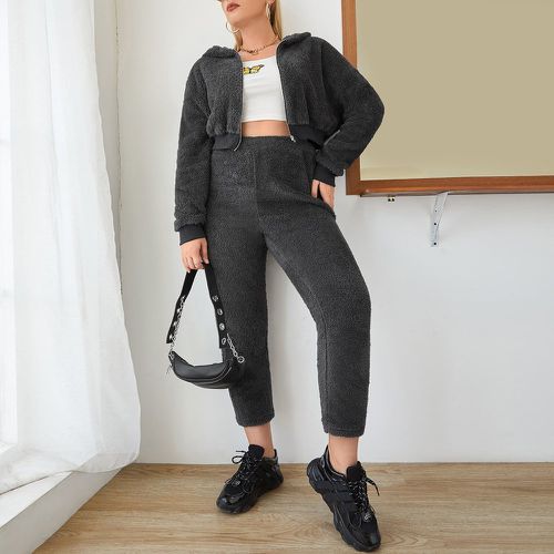 Sweat-shirt à capuche zippé court en flanelle & Pantalon taille haute - SHEIN - Modalova