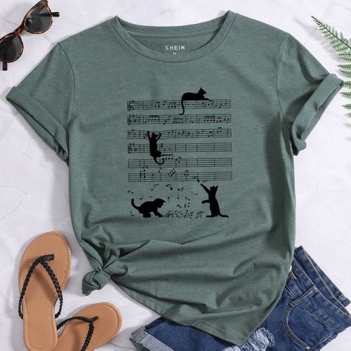 T-shirt à imprimé notes de musique et chat - SHEIN - Modalova