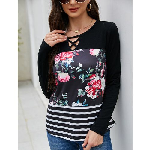 T-shirt à imprimé floral et rayures - SHEIN - Modalova
