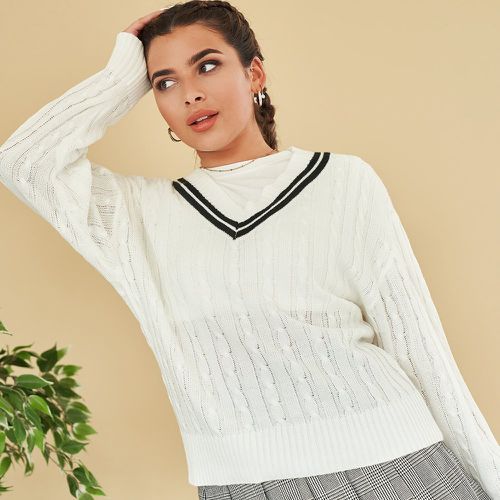 Pull en tricot torsadé à blocs de couleurs - SHEIN - Modalova