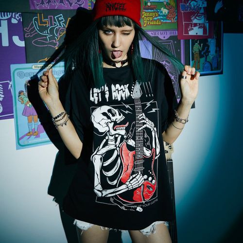 T-shirt punk rock slogan à motif tête de mort et guitare à blocs de couleurs - SHEIN - Modalova