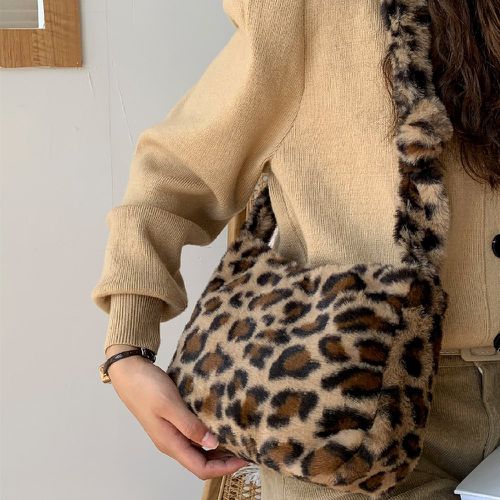Sac baguette avec motif léopard en tissu duveteux - SHEIN - Modalova