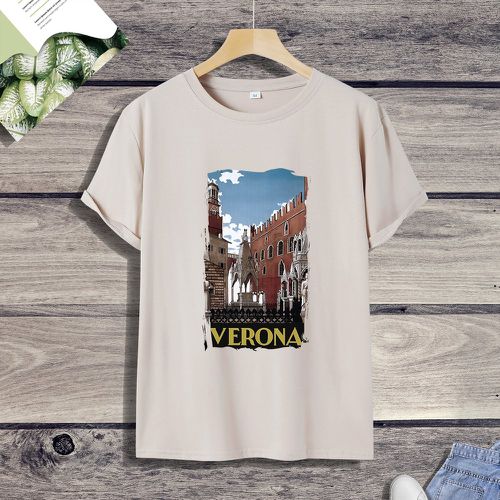 T-shirt à motif de bâtiment et lettres - SHEIN - Modalova