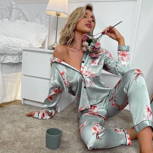 Ensemble de pyjama blouse et pantalon à imprimé floral à liseré contrastant en satin - SHEIN - Modalova