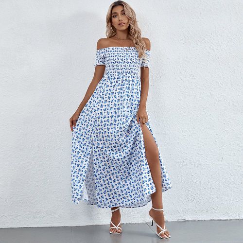 Robe col bardot à imprimé floral froncé fendu - SHEIN - Modalova