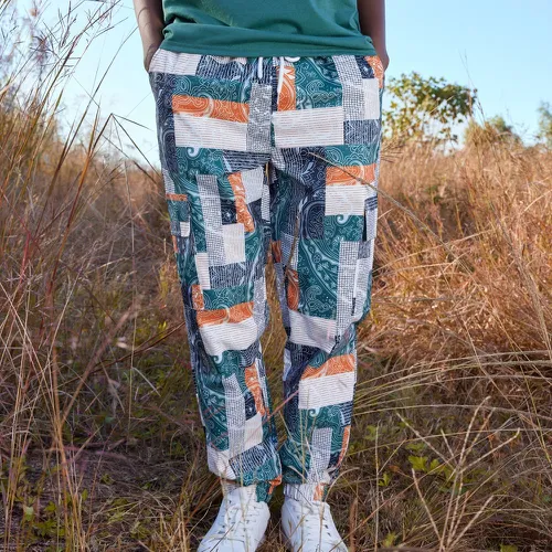 Pantalon cargo à imprimé patchwork à cordon - SHEIN - Modalova