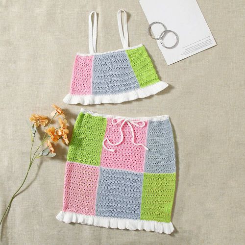 À blocs de couleurs à volants Top en tricot à fines brides & Jupe en tricot - SHEIN - Modalova